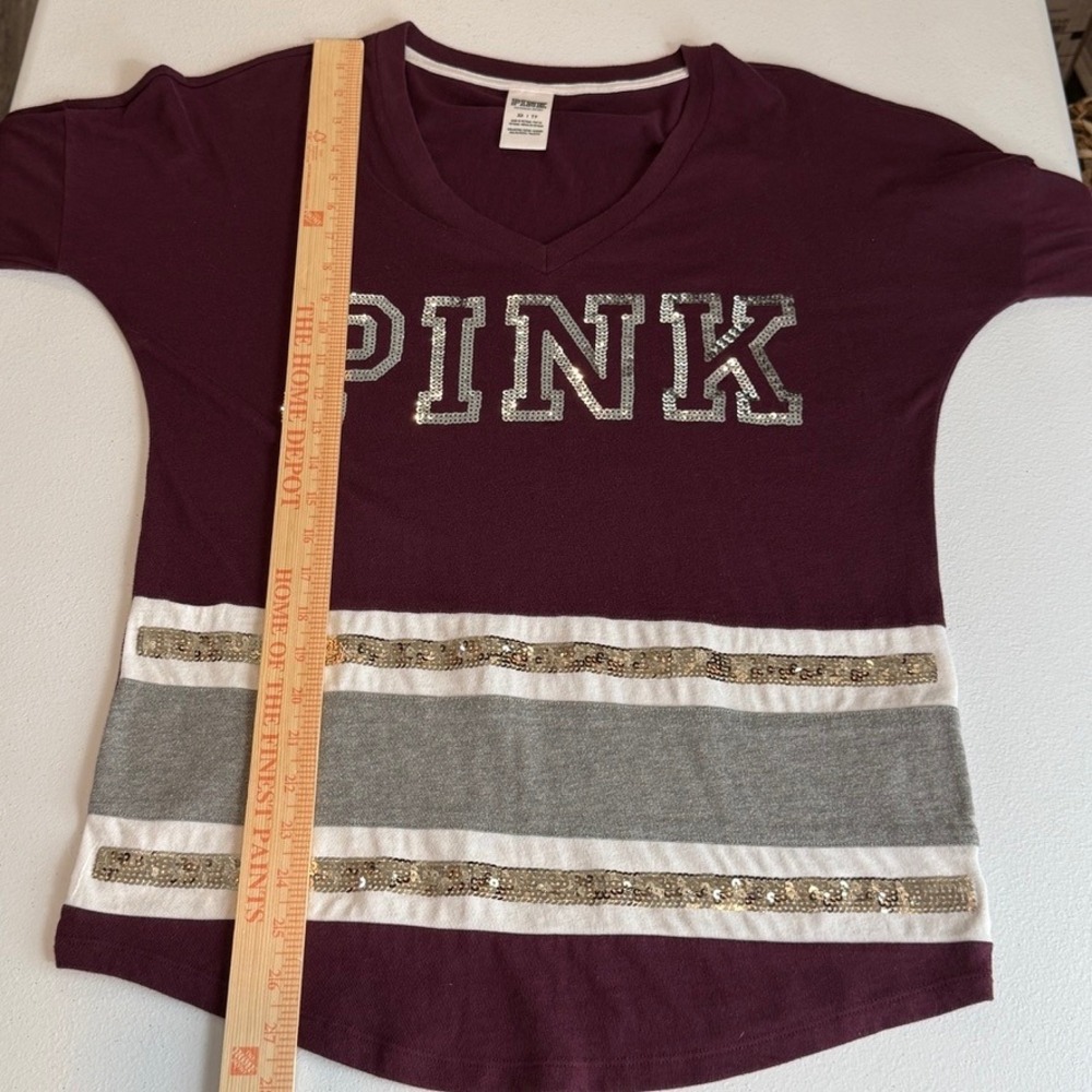 PINK Victoria's Secret Sequins V‎ Neck Long Sleeve Sweatshirt Burgundy XS - Picture 7 of 16